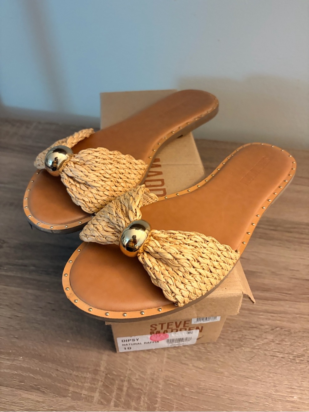 Steve Madden Tan Raffia Slide Sandals with Gold Accent Ball